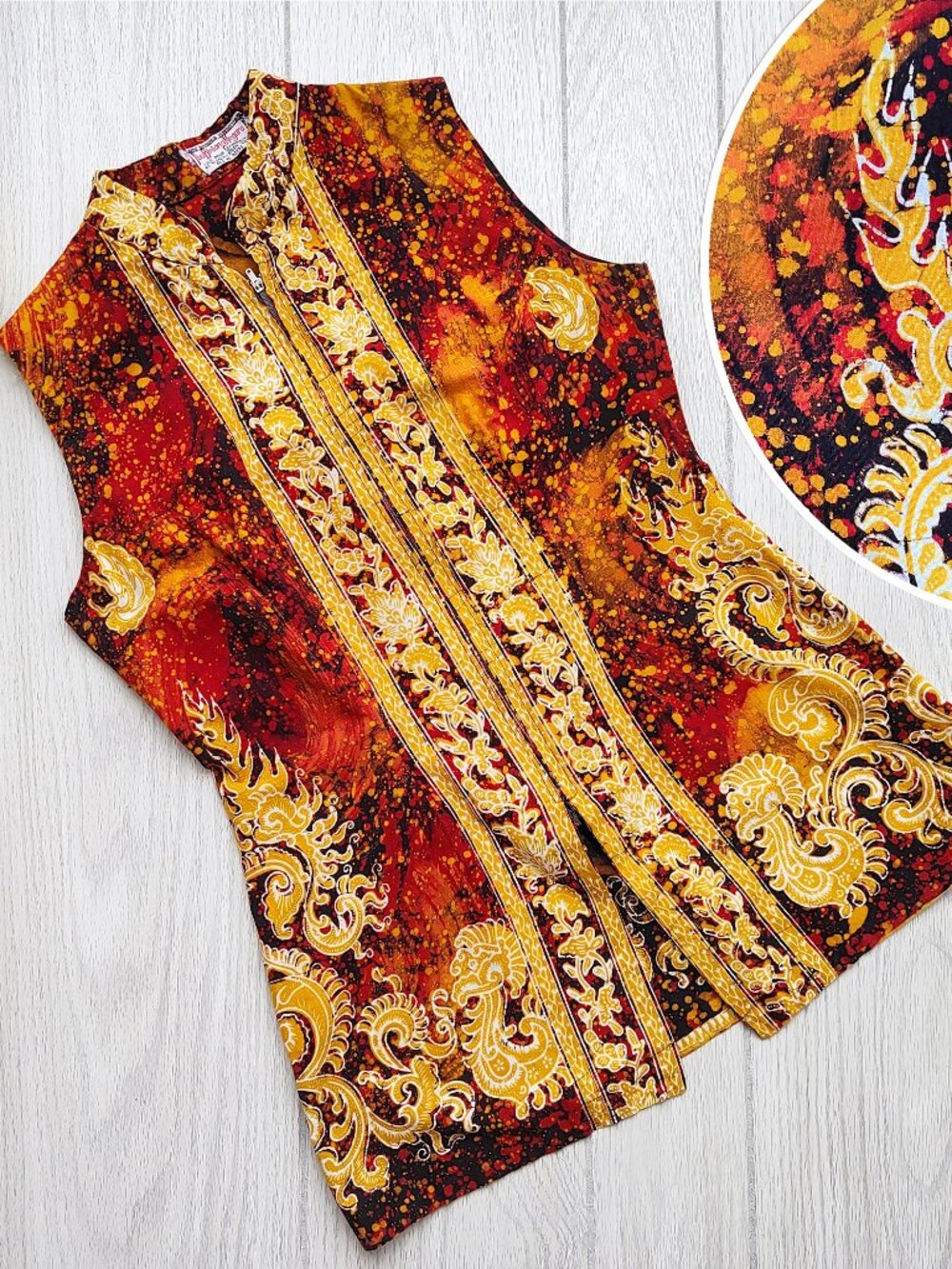 Vintage 70s Batik Cotton Fire Shirt Indonesian Hippie Tunic Red Boho Festival XS